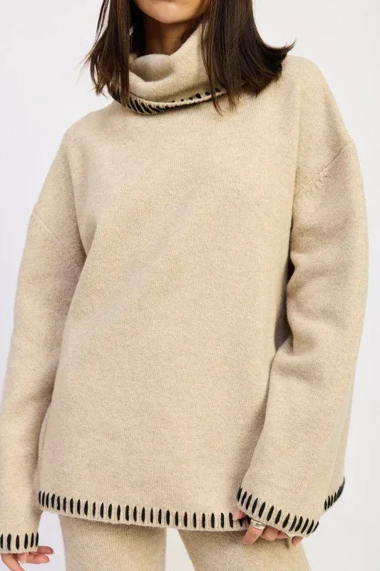 Oversized Turtle Neck Sweater with Stitching - DAVERRI FASHIONS
