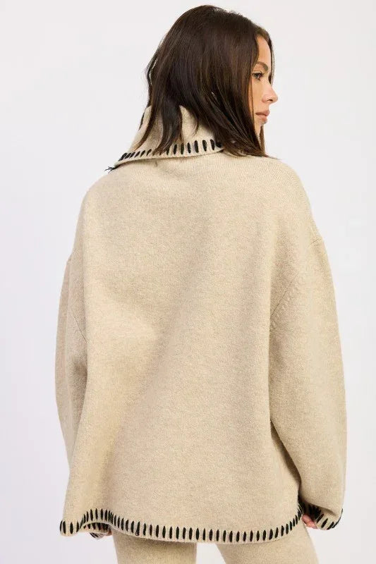 Oversized Turtle Neck Sweater with Stitching - DAVERRI FASHIONS