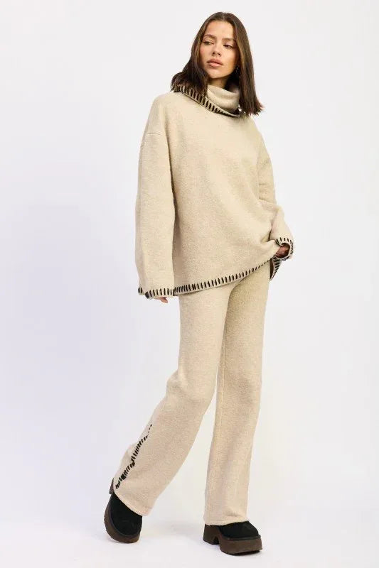 Oversized Turtle Neck Sweater with Stitching - DAVERRI FASHIONS