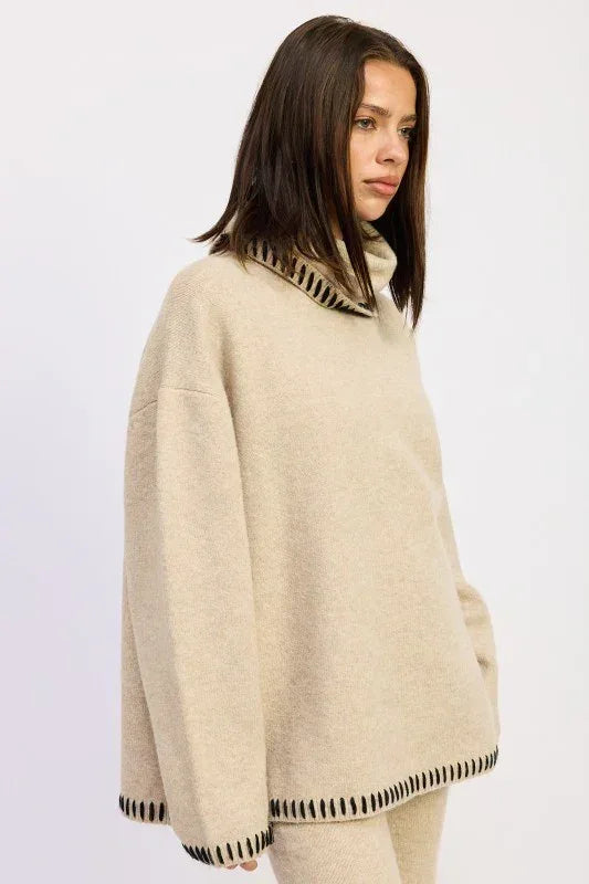 Oversized Turtle Neck Sweater with Stitching - DAVERRI FASHIONS