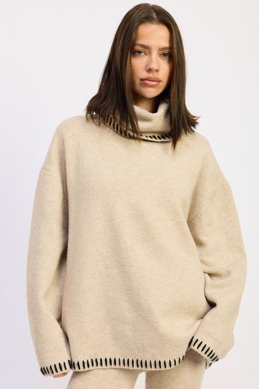 TAUPE Oversized Turtle Neck Sweater with Stitching | Sweaters Daverri Fashions