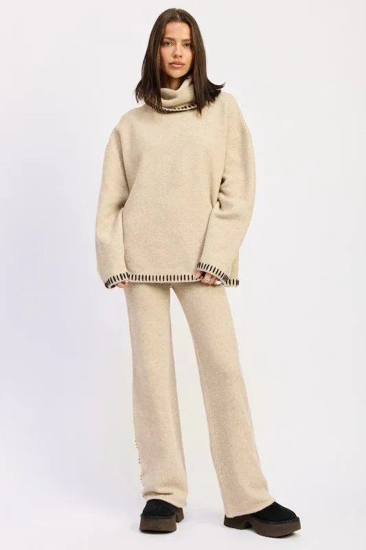 Oversized Turtle Neck Sweater with Stitching - DAVERRI FASHIONS