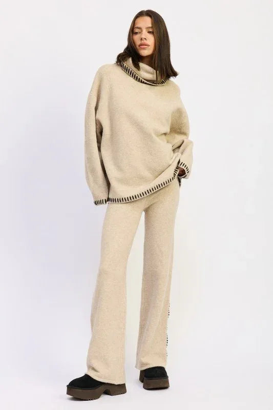 Oversized Turtle Neck Sweater with Stitching - DAVERRI FASHIONS