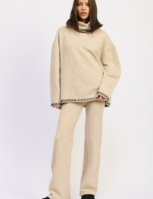 TAUPE Wide Leg Pants with Blanket Stitching | Pants Daverri Fashions