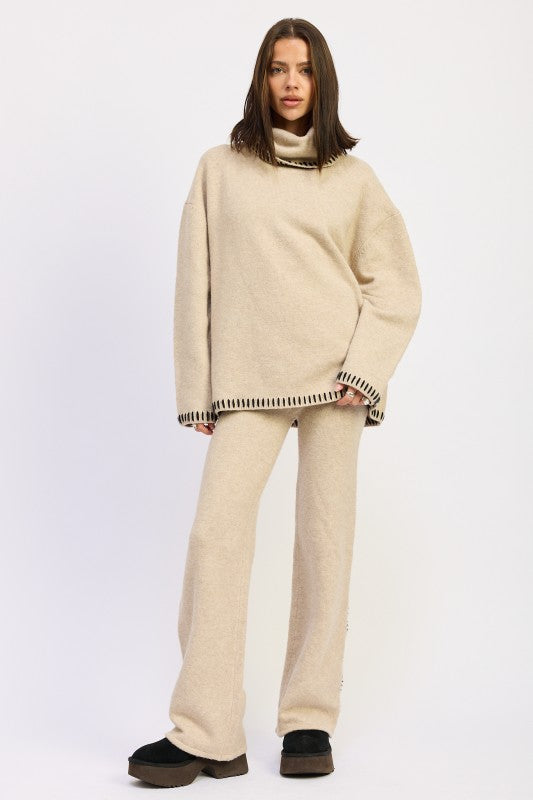 TAUPE Wide Leg Pants with Blanket Stitching | Pants Daverri Fashions