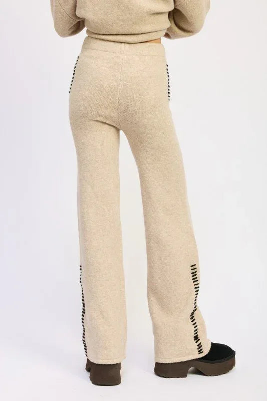 Wide Leg Pants with Blanket Stitching - DAVERRI FASHIONS