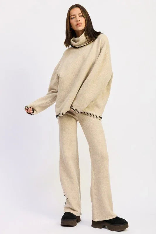 Wide Leg Pants with Blanket Stitching - DAVERRI FASHIONS