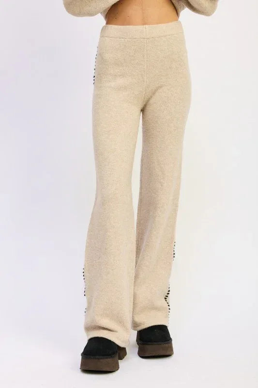 Wide Leg Pants with Blanket Stitching - DAVERRI FASHIONS