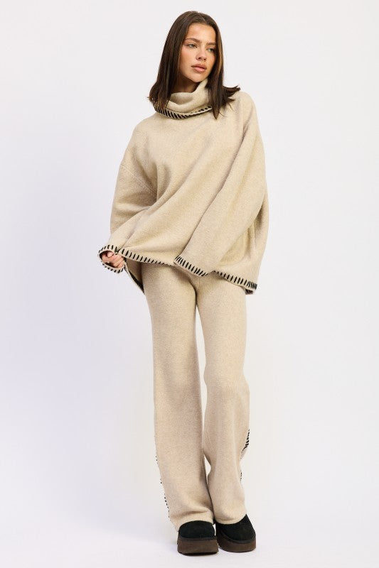 Wide Leg Pants with Blanket Stitching | Pants Daverri Fashions