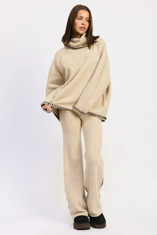 Wide Leg Pants with Blanket Stitching - DAVERRI FASHIONS