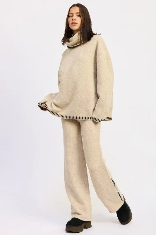 Wide Leg Pants with Blanket Stitching - DAVERRI FASHIONS