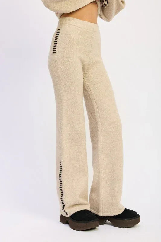 Wide Leg Pants with Blanket Stitching - DAVERRI FASHIONS