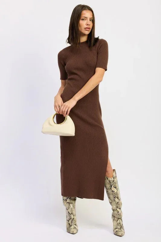 Ribbed Sweater Midi Dress with Slit - DAVERRI FASHIONS