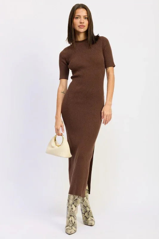 Ribbed Sweater Midi Dress with Slit - DAVERRI FASHIONS
