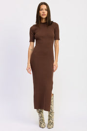 CHOCOLATE Ribbed Sweater Midi Dress with Slit | Midi Dresses Daverri Fashions