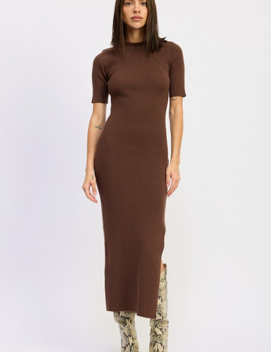 CHOCOLATE Ribbed Sweater Midi Dress with Slit | Midi Dresses Daverri Fashions