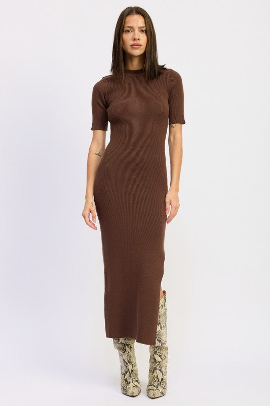 CHOCOLATE Ribbed Sweater Midi Dress with Slit | Midi Dresses Daverri Fashions