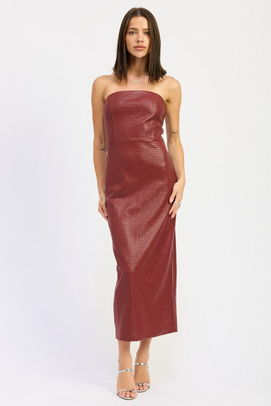 BURGUNDY CHINTZ TEXTURED TUBE MIDI DRESS | Midi Dresses Daverri Fashions