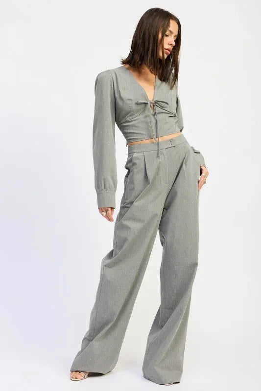 Pleated Wide Leg Trouser with Rhinestones - DAVERRI FASHIONS