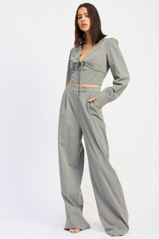 GREY Pleated Wide Leg Trouser with Rhinestones | Pants Daverri Fashions