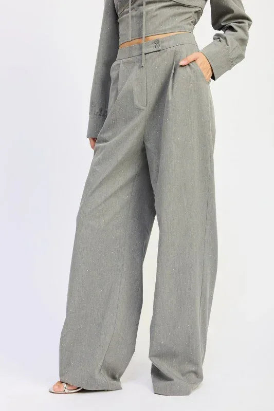Pleated Wide Leg Trouser with Rhinestones - DAVERRI FASHIONS