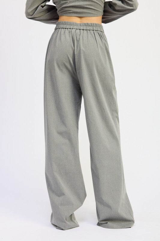 Pleated Wide Leg Trouser with Rhinestones | Pants Daverri Fashions