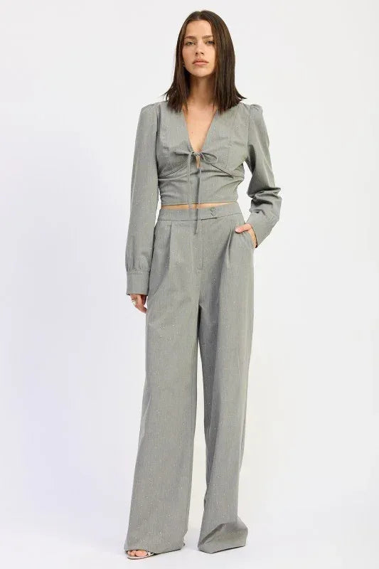 Pleated Wide Leg Trouser with Rhinestones - DAVERRI FASHIONS