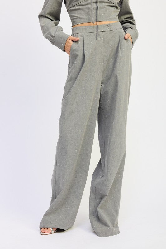 Pleated Wide Leg Trouser with Rhinestones | Pants Daverri Fashions