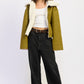 Olive green reversible suede shearling jacket with white fur collar