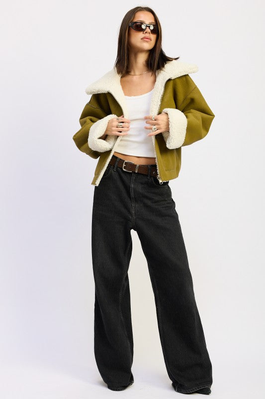 Olive green reversible suede shearling jacket with fleece trim