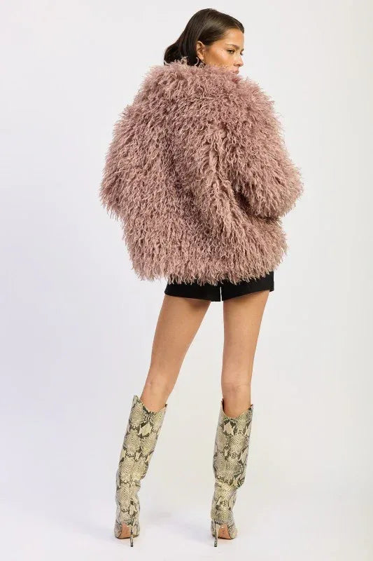 SHAGGY FAUX FUR COAT WITH COLLAR - DAVERRI FASHIONS