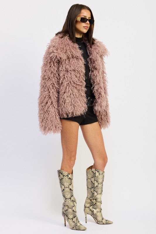 SHAGGY FAUX FUR COAT WITH COLLAR | Coats Daverri Fashions