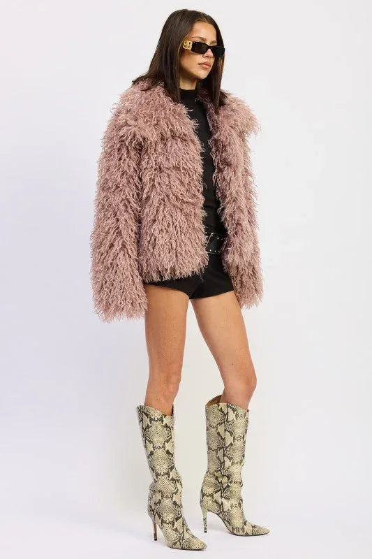 SHAGGY FAUX FUR COAT WITH COLLAR - DAVERRI FASHIONS