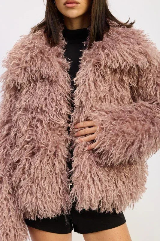 SHAGGY FAUX FUR COAT WITH COLLAR - DAVERRI FASHIONS