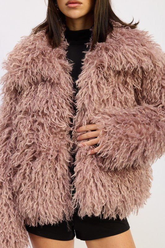 SHAGGY FAUX FUR COAT WITH COLLAR | Coats Daverri Fashions