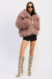 SHAGGY FAUX FUR COAT WITH COLLAR | Coats Daverri Fashions