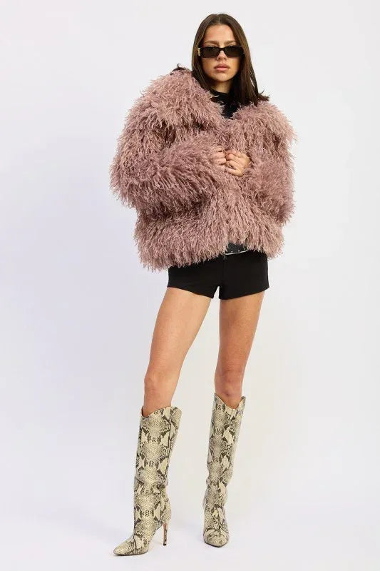 SHAGGY FAUX FUR COAT WITH COLLAR - DAVERRI FASHIONS