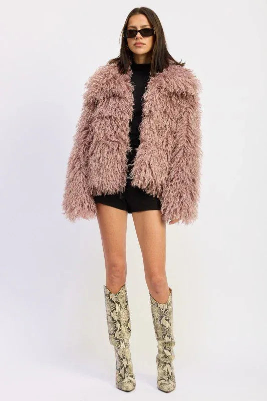 SHAGGY FAUX FUR COAT WITH COLLAR - DAVERRI FASHIONS