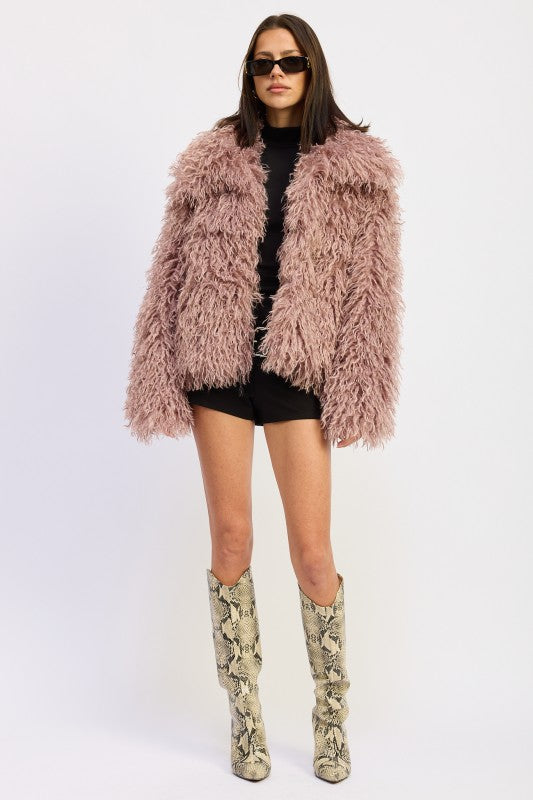 MAUVE SHAGGY FAUX FUR COAT WITH COLLAR | Coats Daverri Fashions