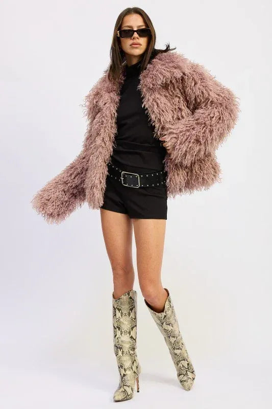 SHAGGY FAUX FUR COAT WITH COLLAR - DAVERRI FASHIONS