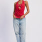 Vibrant red Emory Park drape cowl neck bandeau top with metallic neckline