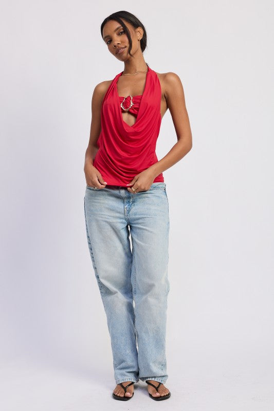 Vibrant red Emory Park drape cowl neck bandeau top with metallic neckline