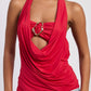 Red Emory Park halter top with gold clasp and cowl neck