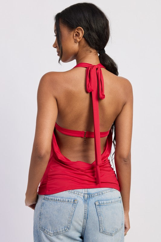 Red Emory Park drape cowl neck bandeau top with halter-neck and open back