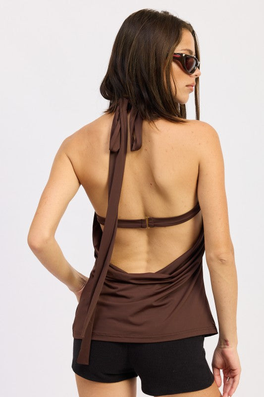 Brown Emory Park halter top with back tie and ruched drape cowl neck