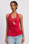 Vibrant red Emory Park drape cowl neck bandeau top with ruched design and metallic clasp