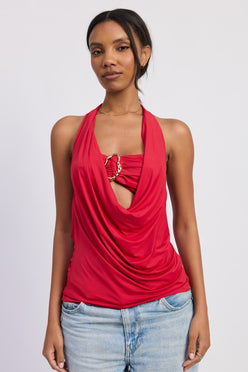 Vibrant red Emory Park drape cowl neck bandeau top with ruched design and metallic clasp