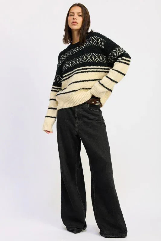Fair Isle Striped Oversized Sweater - DAVERRI FASHIONS