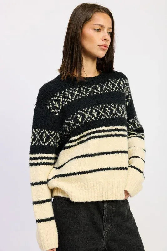 Fair Isle Striped Oversized Sweater - DAVERRI FASHIONS