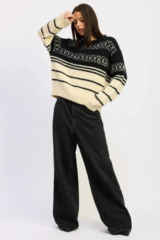 Fair Isle Striped Oversized Sweater - DAVERRI FASHIONS